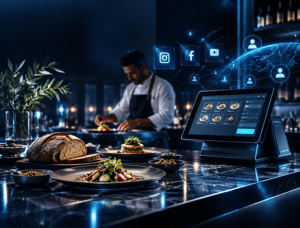 A modern kitchen with digital POS and social media overlays connecting food, customers and sales