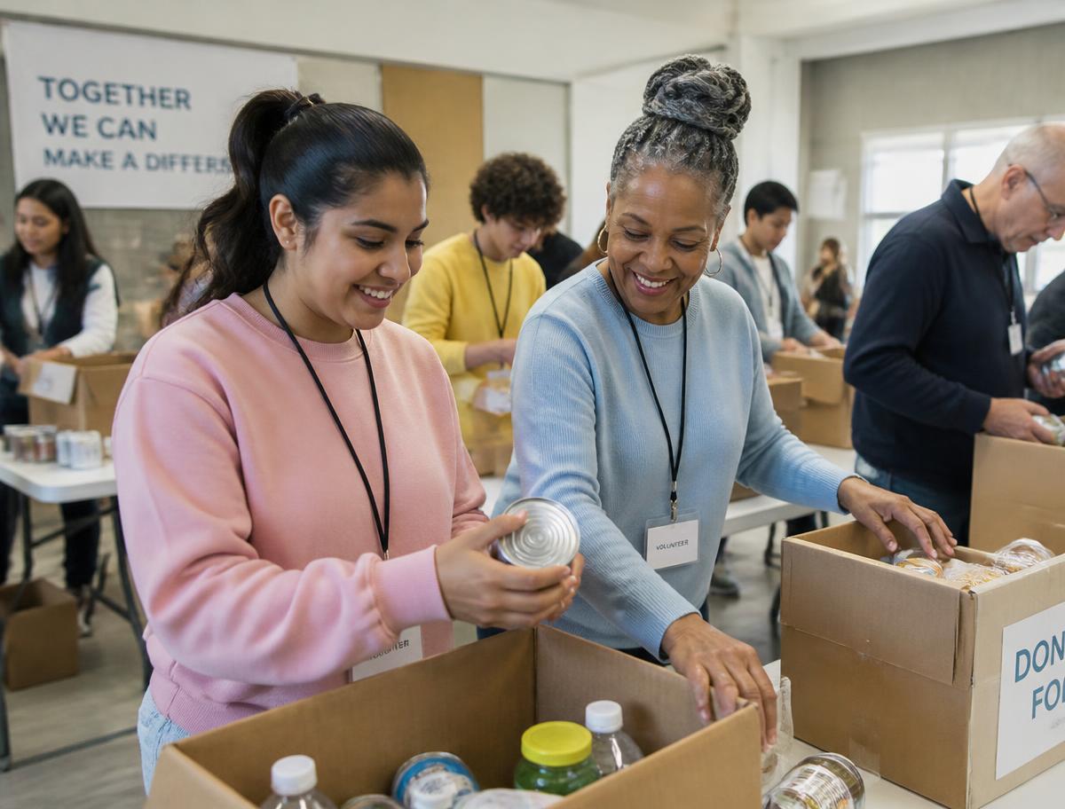 Volunteers packing donation boxes together in a community hall