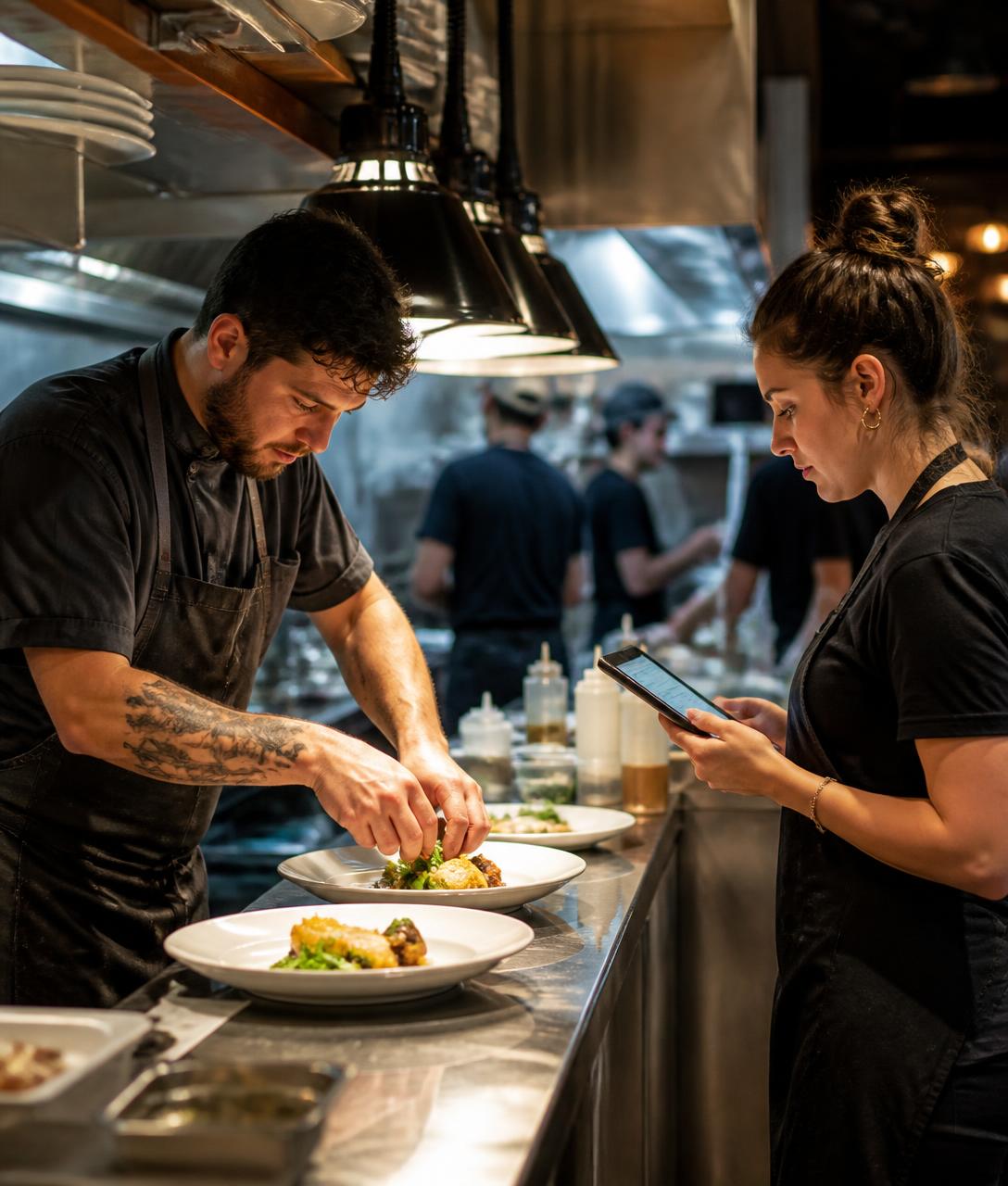 A chef plating dishes while a server reviews orders on a tablet in a restaurant kitchen